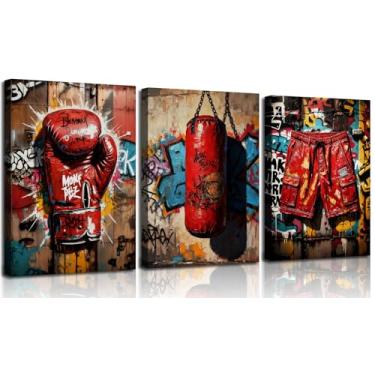 Imagem de Impressões de arte de parede de graffiti de boxe, luvas de boxe retrô, saco de pancadas, impressões em tela de shorts de boxe, decoração de parede esportiva emoldurada, pôster de arte de rua para