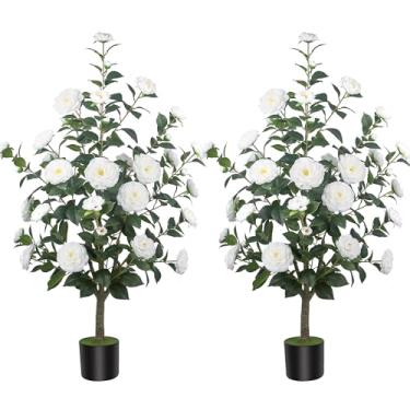 Imagem de HanJoy Pacote com 2 camélias artificiais de 120 cm/3,94 pés com 36 flores brancas em vasos de cimento – árvores falsas realistas para varanda, casa, decoração de primavera interna ao ar livre