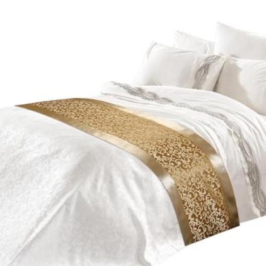 Imagem de LUMINFLY Golden Floral Bed Runner 19,7 x 94,5 polegadas, cachecol de cama luxuoso de inspiração chinesa para quartos de hotel, quarto principal