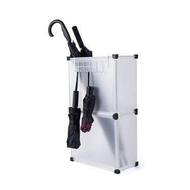 Imagem de JAJAGOU Suporte de guarda-chuva, suporte de guarda-chuva para entrada, com bandeja coletora removível, gancho de metal, 36 x 18,8 x 62 cm, branco transparente