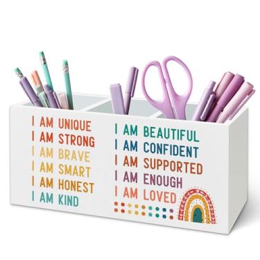 Imagem de TWRVI Suporte de caneta infantil Positive Affirmations para mesa, decoração de sala de aula arco-íris, presentes de afirmações positivas, suporte de lápis de madeira motivacional para quarto de