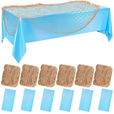 Imagem de Oudain Conjunto de 12 peças de toalha de mesa com rede de peixe, decorações de arrastão, de algodão, retangular, de plástico, toalha de mesa de pesca, para festa de aniversário de Dia das Bruxas (azul