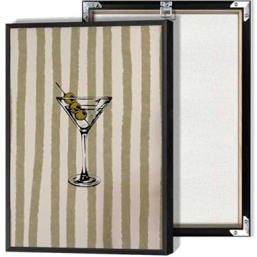 Imagem de Tela de vidro martini com três azeitonas pôsteres de fundo listrado verde e branco linhas limpas e impressões coloridas simples para cozinha sala de estar dormitório decoração de parede 30,5 x 40,6 cm