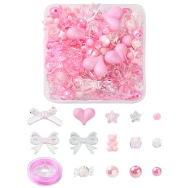Imagem de MakemadeDIY Lindo kit de fabricação de joias, incluindo rosa estrela quadrada doce coração laço urso contas redondas de acrílico e fio elástico para pulseiras, colares, brincos, presente de artesanato