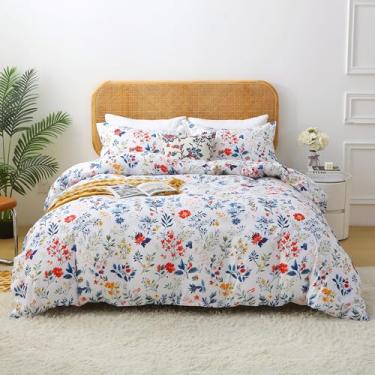 Imagem de Mooreeke Conjunto de edredom floral, botânico azul e vermelho floral para todas as estações, cama vintage de 2 peças em uma bolsa com edredom acolchoado fofo reversível e fronha