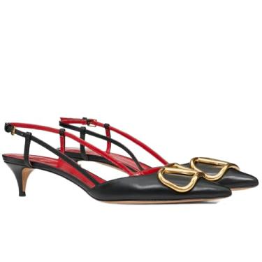 Imagem de CHEFDEER Salto gatinho Slingback feminino de couro envernizado, bico fino, salto baixo, sandálias de salto baixo para formatura, casamento, festa, Preto, 35