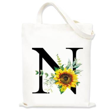 Imagem de Sacolas de lona estampadas para mulheres, sacolas de compras de lona, sacola de compras reutilizável para viagens, compras, trabalho, academia - Letra N