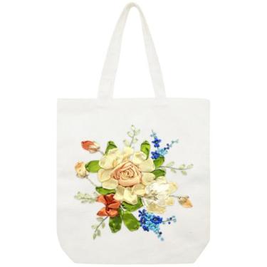 Imagem de Bolsa de lona kit de bordado de fita de seda para iniciantes, artes faça você mesmo, kit iniciante de artesanato, inclui bolsa estampada e argola