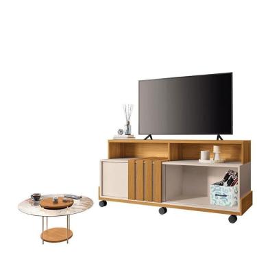 Imagem de Rack Bancada Graci Com Mesa De Centro Sky Com Tampo De Vidro Cinamomo Off White - Hb Móveis