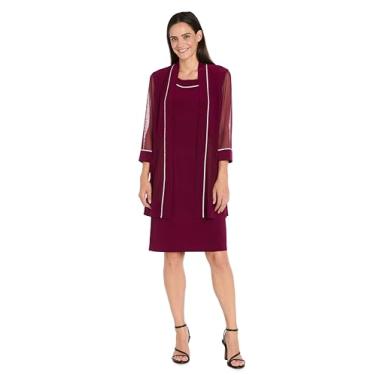 Imagem de R&M Richards Conjunto de vestido feminino de 2 peças na altura do joelho com jaqueta transparente com manga 3/4 enfeitada - roupa formal para coquetéis, Merlot, 52