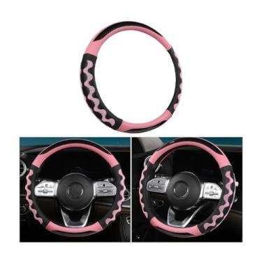 Imagem de Sandfren Capa de volante de carro de fibra de carbono, capa de volante de couro respirável com orifício de favo de mel, protetor de volante automático antiderrapante macio, ajuste universal (rosa)