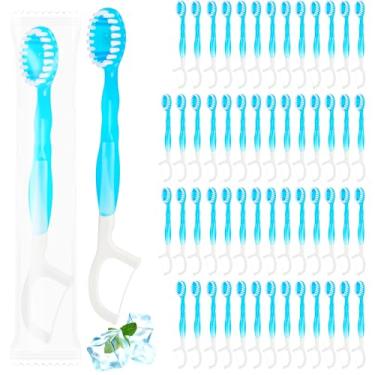 Imagem de Medanera 60 mini escovas de dentes embaladas individualmente, 5 em 1, descartáveis, portáteis com pasta de dente menta, raspador de fio dental para casa, viagem, hotel, limpeza pós-refeição