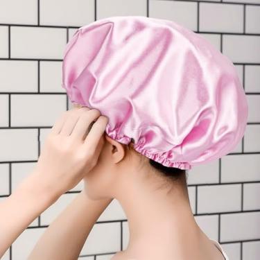 Imagem de 1 pacote de toucas de banho, toucas de banho, elástico reutilizável e impermeável, touca de cabelo de camada dupla, chapéu de banho de cabelo de proteção ambiental (Rosa1)