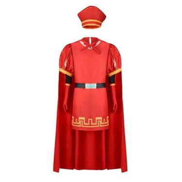 Imagem de Snirczs Fantasia masculina para adultos, chapéu de rei, preto, manto vermelho, luva, roupão, capa, chapéu, Haloween, conjunto de fantasia cosplay (P)