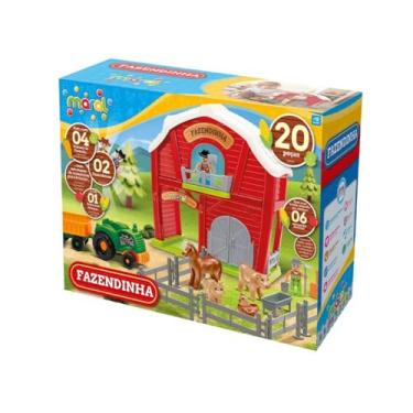 Imagem de Fazendinha Infantil com 21 Peças, Brinquedo Educativo em Plástico, Celeiro Vermelho com Animais e Acessórios, 33,5x18x35,5cm, para Crianças a partir de 3 Anos