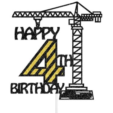 Imagem de Happy 4th Birthday Cake Topper, Construction Boy 4th Birthday Party Decorations, Dump Truck Party Decor for Kids, I’m 4 and Digging it Decoration Black Glitter