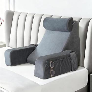 Imagem de Travesseiro de leitura para cama, travesseiro de costas com descanso de braços e bolso de armazenamento, suporte completo para descanso de cama para adultos, travesseiro para ler, assistir TV