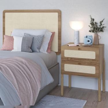 Imagem de Cabeceira Solteiro 90cm e 1 Mesa Lateral 2 Gavetas Madeira Moss A03 Hanover Roble - Lyam Decor