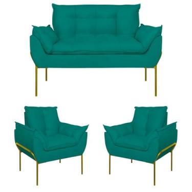 Imagem de Kit 2 Poltronas + Namoradeira Pé Metal Dourado Recepção Sala Cor:azul Turquesa