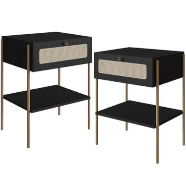 Imagem de Kit 02 Mesas de Cabeceira 01 Gaveta com Telinha Industrial Indy A03 Nero Dourado - Lyam Decor