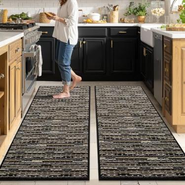 Imagem de Conjuntos de 2 tapetes de cozinha antiderrapantes para piso grosso resistente a manchas vintage tapete de cozinha tapete de corredor para corredores entrada lavanderia lavável (preto 51 x 119 cm + 51