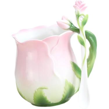 Imagem de Ceramic Coffee Mug Rose Mug Porcelain Cup Morning Cup with Spoon Drinking Cup for Latte Juice Hot Beverage Milk Coffee red(Pink)