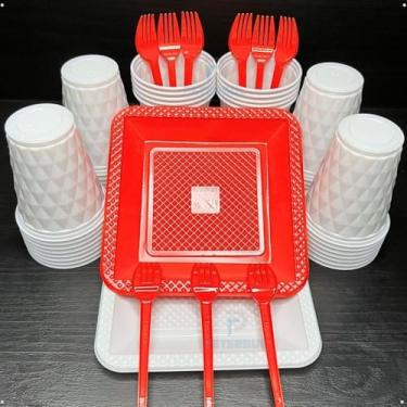 Imagem de Kit 260 Itens Descartaveis Festa Aniversário Prato Quadrado Diamante Plástico Colorido Perolado Candy Pastel (Branco Vermelho)