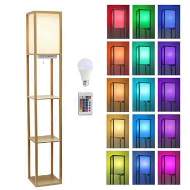 Imagem de Simple Designs LF1037-TAN-CCLB Luminária de chão organizadora de três prateleiras de 158 cm com 2 portas USB duplas e tomada de carregamento, bronzeado, com lâmpada LED que muda de cor incluída