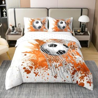 Imagem de Erosebridal Jogo de cama de futebol 100% algodão, 100% algodão, preto, branco, futebol, para meninos, meninas, crianças, adolescentes, bola, esportes, jogos, edredom com estampa de tinta laranja e