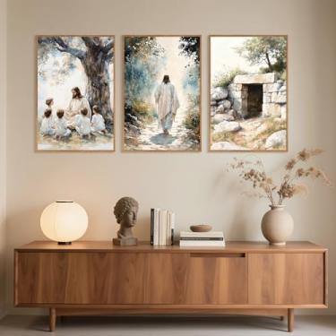 Imagem de SIWECUS Arte de parede emoldurada grande Jesus ensinando crianças, decoração de parede Jesus no caminho, impressões de arte cristã de túmulo vazio, arte bíblica espiritual religiosa para sala de estar