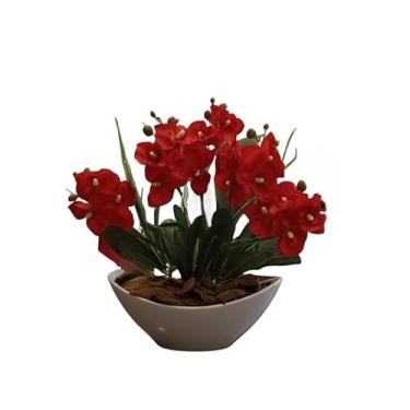 Imagem de Arranjo de Orquídea Artificial Phalaenopsis com Vaso Côncavo Branco e Casca Polida - Decoração Sofisticada para Ambientes Internos(Vermelho)