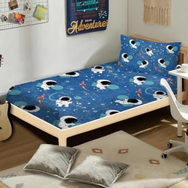 Imagem de NiuOne Lençol com elástico solteiro astronauta para meninas e meninos 3D realista design galáxia astronauta microfibra sem rugas (16, solteiro)