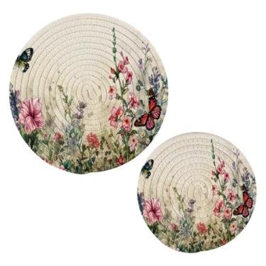 Imagem de Blueangle 2 peças de porta-panelas coloridas de ervas e flores - conjunto de pegadores de panela de tecido redondo - almofadas quentes trançadas de algodão - porta-copos - tapetes de mesa para