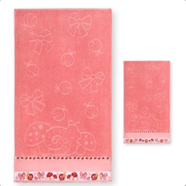 Imagem de KIt Toalha de banho e Toalha Lavabo Infantil Jaquard Com Barra Pinte e Borde (Salmão Cogumelo)