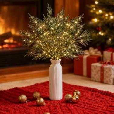 Imagem de 4 peças de hastes artificiais de vegetação de Natal de 89 cm com luzes LED, galhos de enchimento de árvore de Natal para decoração interna de casa, manto e mesa de centro de mesa