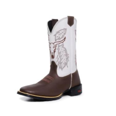 Imagem de Botina Masculina Country Texana Cano Longo Couro Legítimo Bico Quadrado Confortável Barretos (Branco, Padrão, BR, Adulto, Numérico, 34)