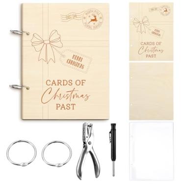 Imagem de Threehoney Conjunto organizador de cartões de madeira de Natal, porta-cartões de madeira, inclui um organizador de cartões de 15 x 20 cm, um furador e uma caneta para marcenaria, 20 protetores para