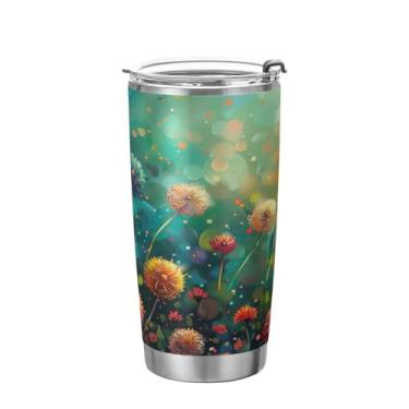 Imagem de Kigai Copo de aço inoxidável com pintura a óleo, flores pequenas, 590 ml, copo de café isolado com tampa e canudo, caneca de café de viagem de parede dupla para bebidas quentes e frias