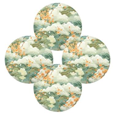 Imagem de Wassud Jogo americano conjunto de 4 tapetes redondos de onda verde claro para cozinha e jantar tapetes laváveis resistentes ao calor decoração de mesa 39 cm