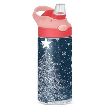Imagem de YETTASBIN Garrafa de água de árvore de Natal para crianças, 340 g, à prova de vazamento, parede dupla, isolada, copo de viagem com tampa de canudo para meninas, meninos e crianças