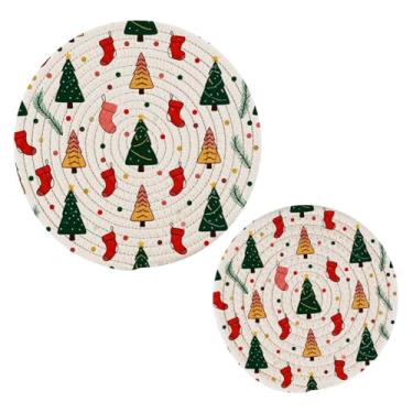 Imagem de Wassud Conjunto de trivet de árvore de Natal Doodle para pratos quentes, suportes redondos de algodão, almofadas quentes, porta-copos elegantes, decoração de cozinha e acessórios, 2 peças