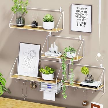 Imagem de Prateleira de parede de madeira de metal com ganchos, rack de armazenamento montado na parede seca, organizador de exibição flutuante para cozinha, banheiro, entrada, escritório em casa, prateleira de