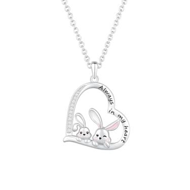 Imagem de SUPAC Par de coelhos e colar com pingente de coração Always in My Heart - Liga banhada a ouro branco com detalhes em resina, presente de aniversário ou amizade, Adjustable, Metal, Sem Pedra Preciosa
