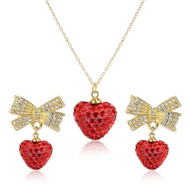 Imagem de QLYOVWE Conjunto de joias de coração de cristal para mulheres, colar com pingente de strass vermelho, brincos de laço de ouro doce, berloque, dia dos namorados, aniversário, festa de casamento, joias