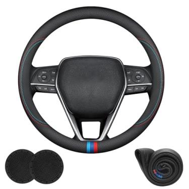 Imagem de Capas de volante de carro de couro Nappa com ajuste personalizado para Toyota RAV4 2026 2025 2001-2024 acessórios, universais de 37 a 38 cm com logotipo, antiderrapante e respirável, preto