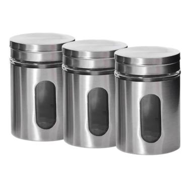 Imagem de Kit 3 Pote Porta Mantimento Em Inox Com Visor De Vidro Em Casa Tem 950ml