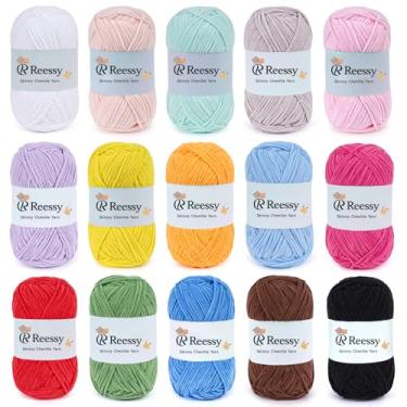 Imagem de Reessy Pacote de fios de chenille skinny – 15 novelos edição multicolorida (50 g cada, 15 cores, total de 2.370 jardas) – Kit de fios de chenille skinny multicoloridos CYC#2 – Kit de crochê para