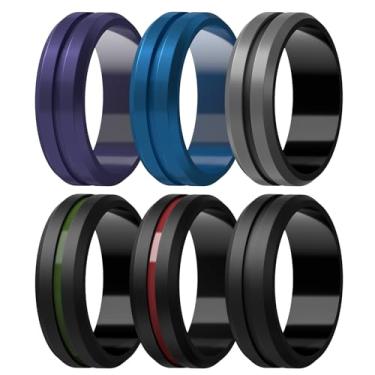 Imagem de Egnaro Anéis de casamento masculinos de silicone - 8,2 mm x 2,6 mm, alianças de noivado de borracha gravadas no meio, pacote múltiplo de 1/4/6 para treino, 13.5-14, Silicone, Sem pedra preciosa