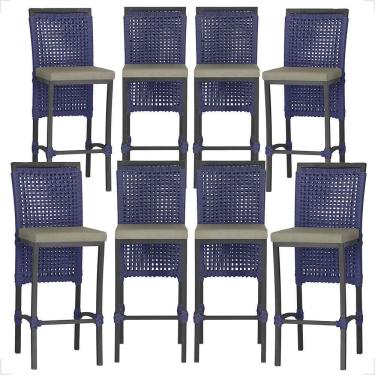 Imagem de 8 Banquetas Em Alumínio Roma Preta Corda Náutica Tecido 8 Azul