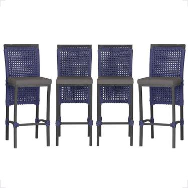 Imagem de 4 Banqueta Em Alumínio Roma Preta Corda Náutica Tecido 11 Azul